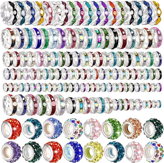 290PCS 6 Styles Rondelle Spacer Beads for Jewelry Making, 6mm, 8mm, 10mm, 11mm, 12mm Rhinestone Spacer Beads for Beaded Pens, Multicolor Crystal Bead Spacers for DIY Crafts