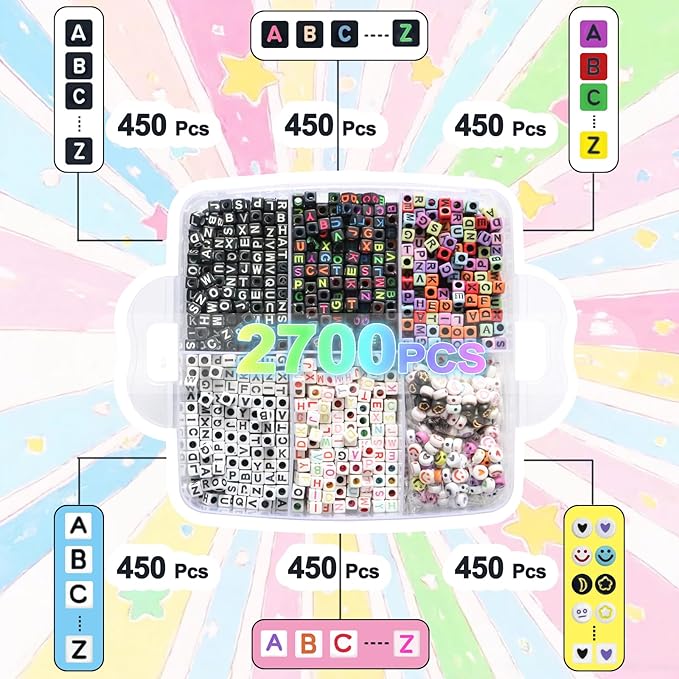 Alphabet Beads A-Z 6500Pcs Letter Beads, Acrylic 6x6mm Round Letter Beads Kits,Black Digit and Colorful Smile Bead for Bracelets Necklaces DIY Jewelry Making