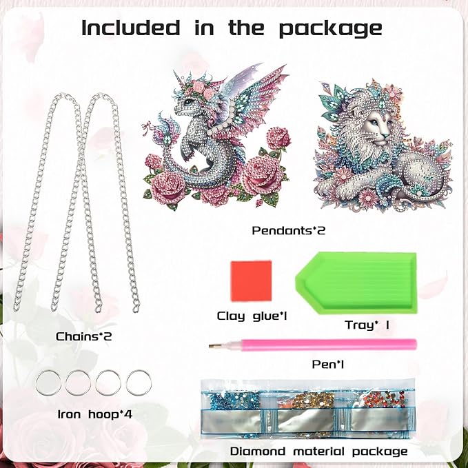 2 Pcs 5D DIY Diamond Painting Pendants – Rose-Adorned Flying Dragon & Prince-Style Lion Hanging Ornaments, Irregular Diamonds, Acrylic Wall & Window Decor, Handmade Gift Craft Kits