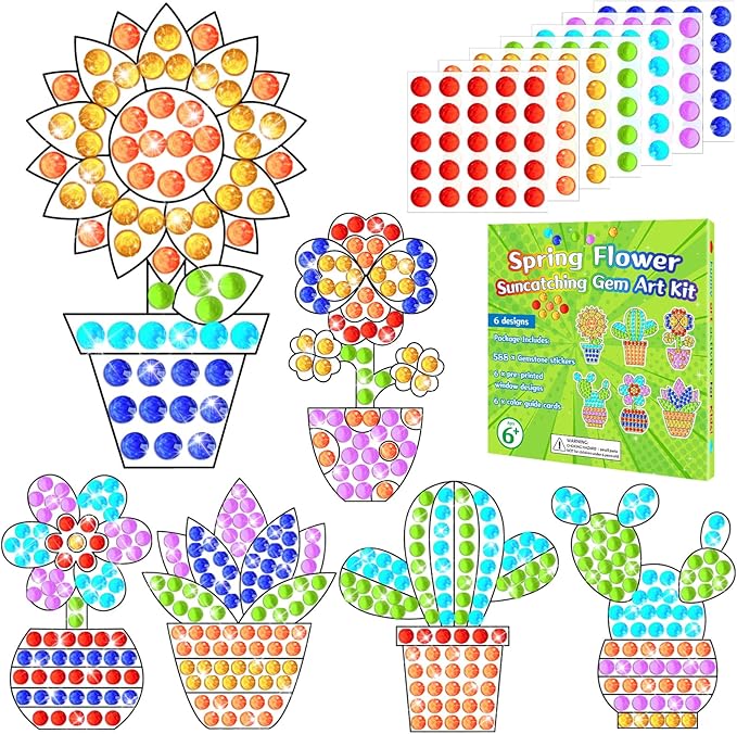 Qyeahkj 6 Pcs Spring Arts Crafts DIY Flower Potted Gem Diamond Suncatcher Craft Plant Diamond Painting Gifts Exchange Home Activity Game Party Decor