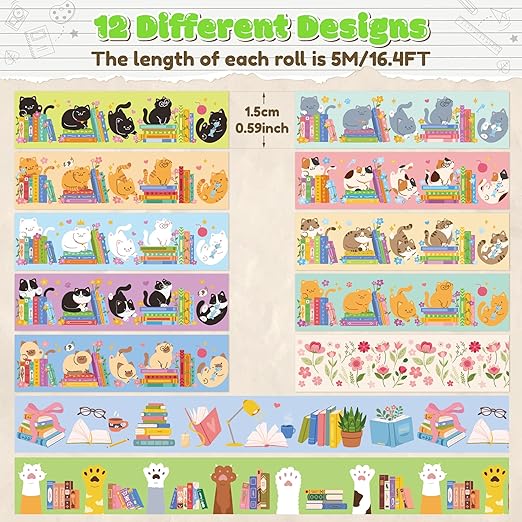 Cats Books Washi Tapes - 12pcs Cute Trendy Colored Aesthetic Stacking Book Decorative Cat Paw Artistic Photo Scrapbook Masking Sided Adhesive Tape Set Supplies DIY Craft Bookish Gift Wrapping