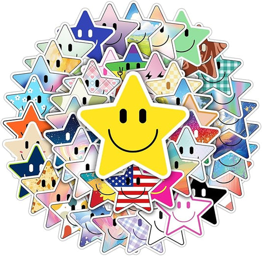 wercokt 50pcs smiling star stickers, cute water bottle stickers for kids, for teaching rewards, notebooks, stationery, luggage, cartoon pvc happy stickers