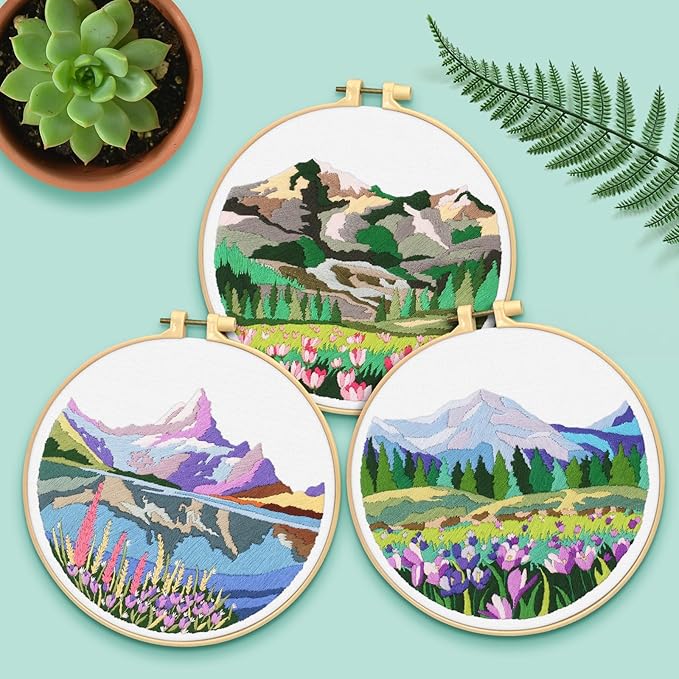 ERKOON Embroidery Kit for Beginners, 5 Sets Flower Cross Stitch Set for Adults Include Embroidery Cloth Hoops Threads for Craft Lover Hand Stitch with Skill Techniques (Landscape)