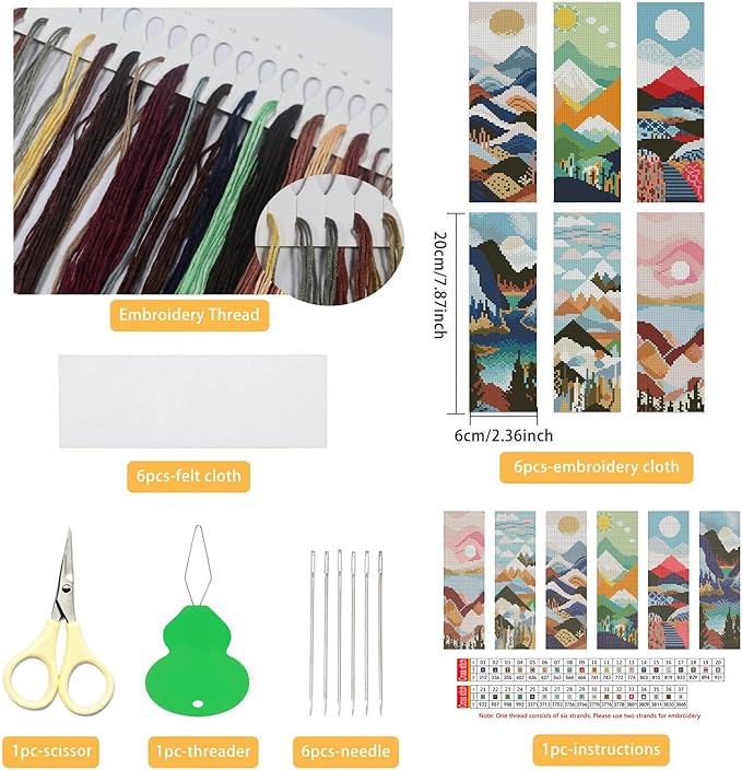 NEGEKFKX 6 Pcs Landscape Cross Stitch Bookmark Kit for Adult Beginners, Cross Stitch Kits 14 CT DIY Crossstitch Kits Adult Stamped Bookmark Embroidery Bookmarks Kit