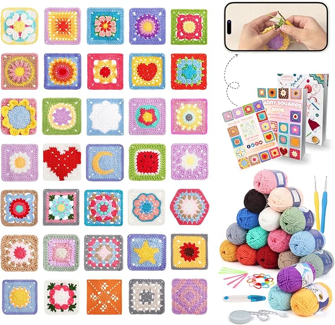 Coopay Crochet Kit for Beginners, Granny Square Crochet Kit with 2 Crochets Book & Video Card, Crochets Starter Kit for Adults Learn to Knitting, Granny Square Card Deck - 50 Mix & Match Designs