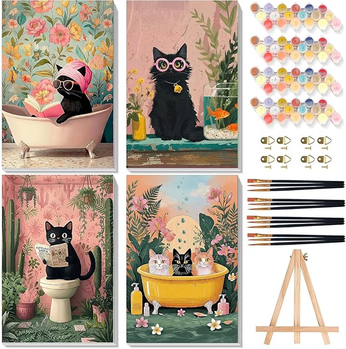 xackcme 4 Pack Paint by Numbers for Adults with Framed Canvas - with Wooden Easel, Cat Paint by Number on Canvas, DIY Black Cat Acrylic Oil Painting Kits with Brushes for Home Wall Decor (8x12 inch)