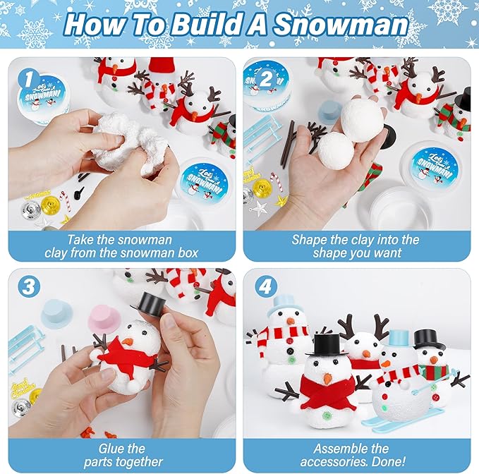 24 Pack Build a Snowman Kit, Christmas DIY Snowman Crafts for Kids Bulk, Snowman Kit Winter Decorations Indoor, Creative Kids Air Dry Clay Modeling Crafts Kit for Christmas Gifts Favor Supplies