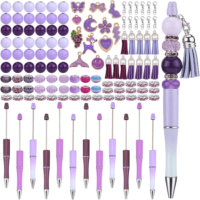 12pcs DIY Beadable Pens Bulk Pens for Beads Beaded Pen Kit for Students Teacher Office Supplies DIY Making Gifts(Purple)