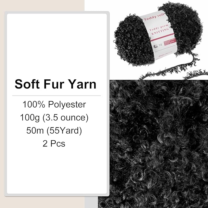 MECCANIXITY 2 Skeins Fur Yarn Soft Fluffy Chunky Yarn Fuzzy Eyelash Yarn Black for Crocheting Knit Clothes Bag - 55Yard/50m, 3.12ozx2