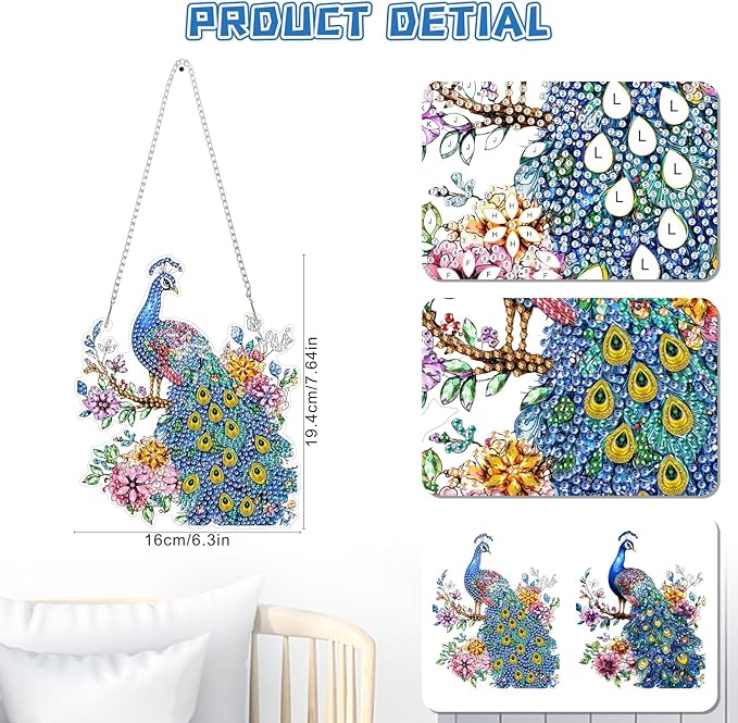 KEYIFA Diamond Painting Kit, DIY Peacock Diamond Art Hanging for Adults Beginner, Gem Arts Pendant Special Shaped Rhinestone Window Ornaments Wall Door Garden Decoration Gift, Double Sided