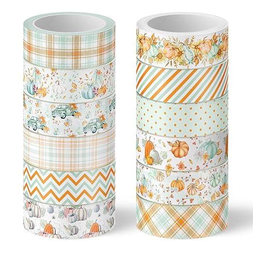 Whaline 12 Rolls Fall Washi Tape Autumn Pumpkin Plaid Truck Washi Tape Cyan Orange Harvest Decorative Masking Tape for Thanksgiving Scrapbook Journal DIY Art Craft Gift Wrapping Supplies