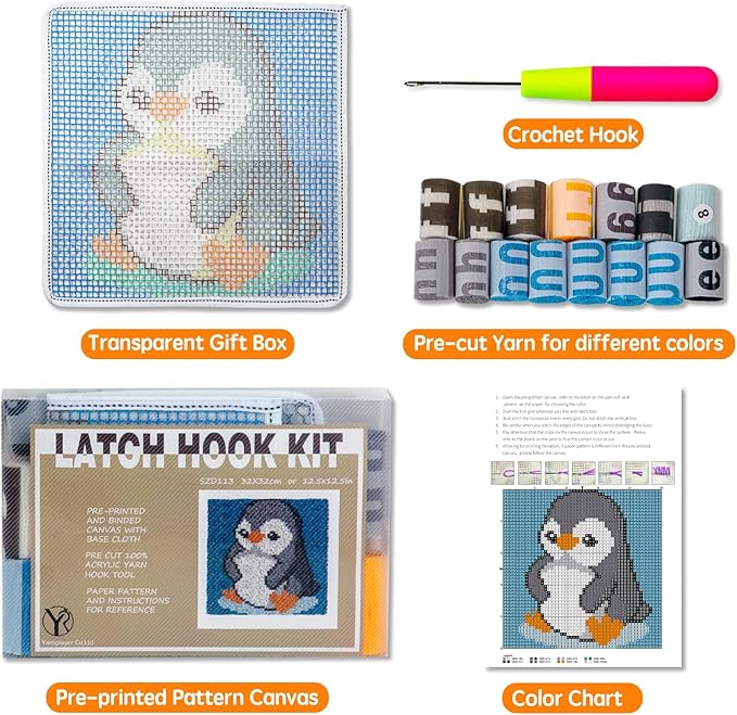 YP Latch Hook Kits for Kids Adults DIY Rug Tapestry Kits with Printed Canvas Embroidery Kits Festival Gifts Home Decoration (Penguin,11.8inch X 11.8inch)