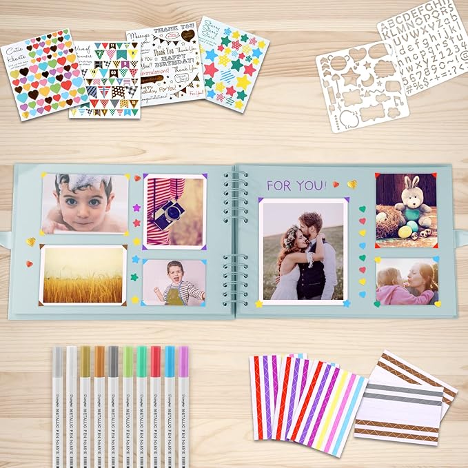 Gotideal 80 Pages Scrapbook Album with 10 Metallic Markers, Craft Paper Photo Album for Wedding and Anniversary, Family DIY Scrapbook Accessories with Scrapbooking Stickers Corners(BLUE)