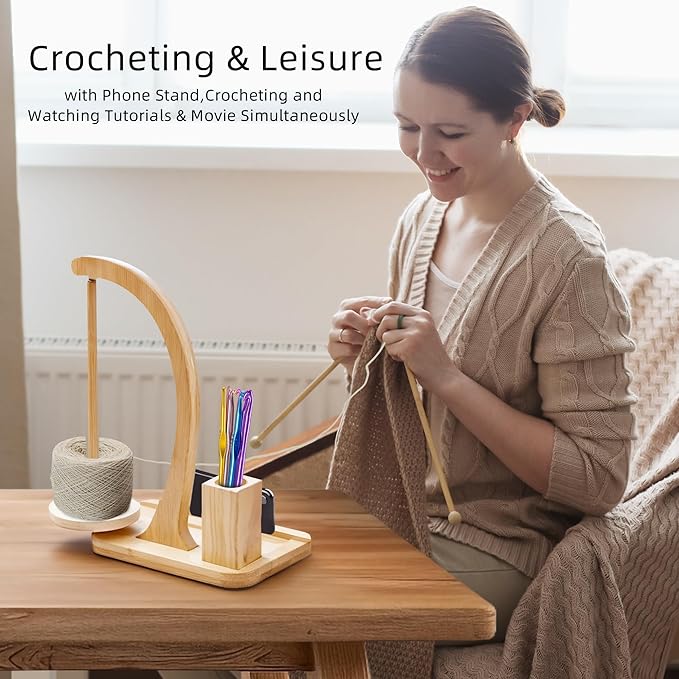 Upgraded Yarn Holder for Crocheting and Knitting,Wooden Crochet Yarn Holder Magnetic Yarn Spinner with Crochet Accessories Storage and Phone Stand,Yarn Ball Holder Crochet Gift for Knitting Lovers