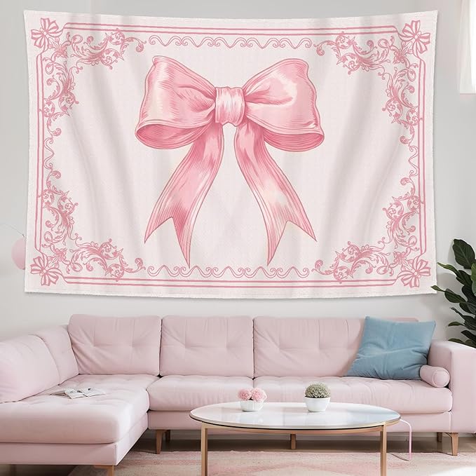 HunnmingRe 79" x 60" Pink Bow Tapestry Coquette Pink Aesthetic Bedroom Hanging Wall Art Preppy Tapestry Decor Kit Cute Bowknot Room Decoration for Women Girls Room Dorm Apartment(Bow)
