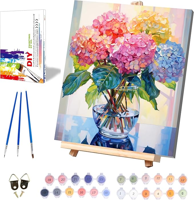 Hydrangea Paint by Numbers for Adults with Framed Canvas-with Wooden Easel,Vase Flower Paint by Number on Canvas,DIY Acrylic Oil Painting Kits with Brushes Nice Gift Box for Home Wall Decor(12x16inch)