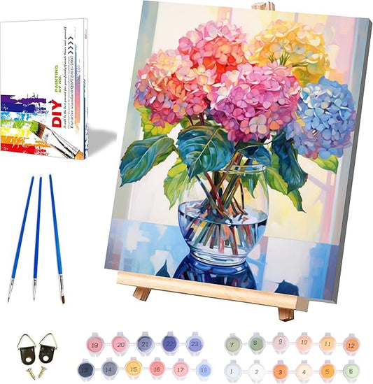 Hydrangea Paint by Numbers for Adults with Framed Canvas-with Wooden Easel,Vase Flower Paint by Number on Canvas,DIY Acrylic Oil Painting Kits with Brushes Nice Gift Box for Home Wall Decor(12x16inch)