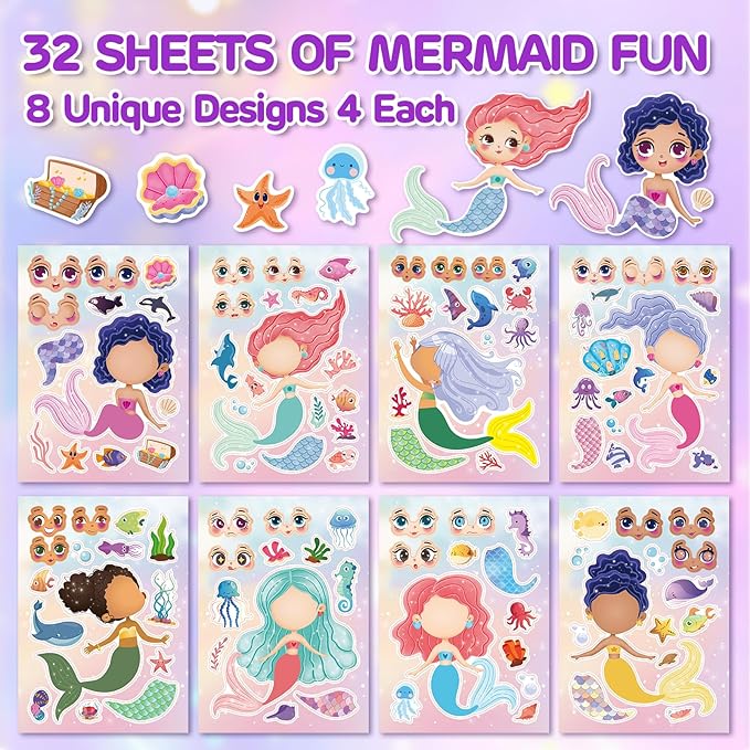 aowplc 32 sheets mermaid make‑a‑face stickers for kids, mermaid party favors for girls, birthday crafts, goodie bag stuffers