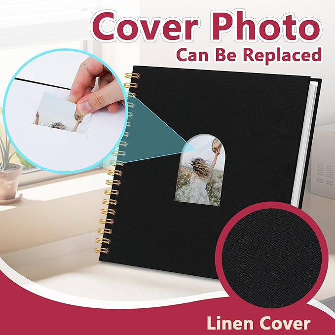 Vienrose 10X10 Inch DIY Scrapbook Album Linen Arch Window Photo Album 40 Blank Pages Scrap Book Photo Albums for Wedding Baby Shower, Black