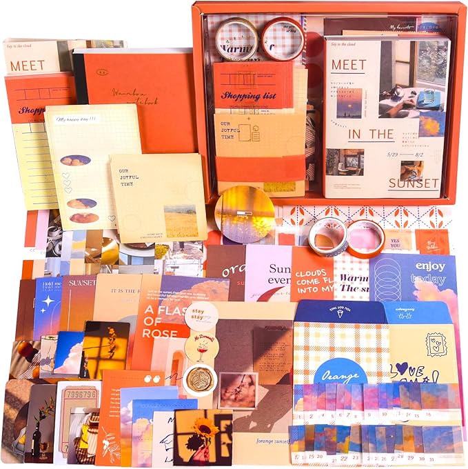 scrapbook supplies kit, vintage junk journaling supplies, scrapbooking kit with aesthetic stickers, stationary set, bullet journaling kit, ephemera collage craft supplies gift for adults women starter