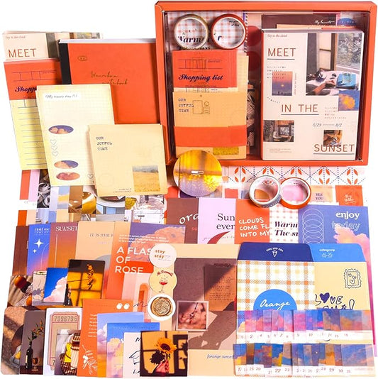 scrapbook supplies kit, vintage junk journaling supplies, scrapbooking kit with aesthetic stickers, stationary set, bullet journaling kit, ephemera collage craft supplies gift for adults women starter