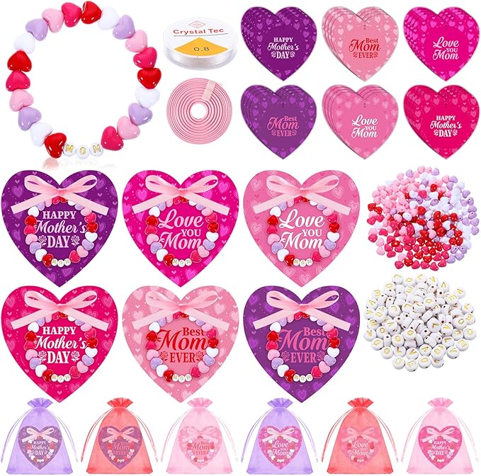 Kigeli Mother's Day Heart-Shaped Card Set for Crafters - DIY Gifts, Card Making, Jewelry, Personalized Presents - Includes 24 Cards, 600 Beads, Organza Bags, Elastic Thread & mom Beads