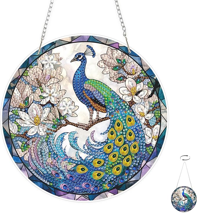 TOSTOG Peacock Diamond Art Hanging Kits for Adults, Peacock Diamond Painting for Adults Window Pendant,Special Shape Diamonds Diamond Painting Hanging Pendant Kit for Wall Home Decor Gift