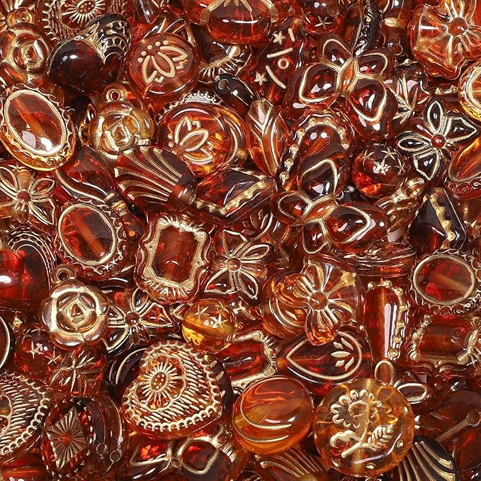 7.5 OZ Assorted Vintage Acrylic Beads for Jewelry Making, Song Xi Unique Flower Rose Czech Beads for Bracelet Earrings, Bohemia Style, Bulk, Arts and Crafts, DIY Holiday Gift (240-260 PCS, Amber)