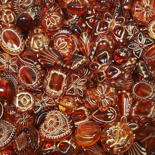 7.5 OZ Assorted Vintage Acrylic Beads for Jewelry Making, Song Xi Unique Flower Rose Czech Beads for Bracelet Earrings, Bohemia Style, Bulk, Arts and Crafts, DIY Holiday Gift (240-260 PCS, Amber)