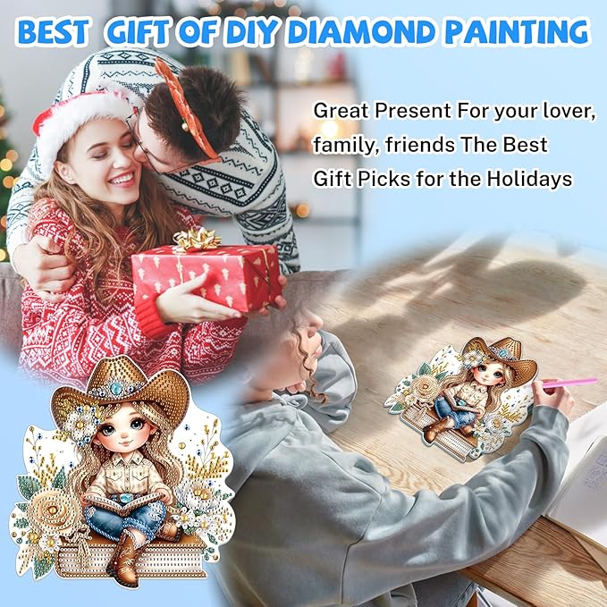 Bowetile Cow Girl Diamond Art Hanging Kits for Adults, 5D Special Shape Diamond Painting Kits, Animal Gem Art Suncatchers Painting Pendant Ornament for Home Garden Wall Decor