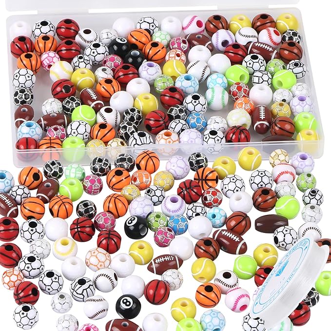 100 Pcs Sports Ball Beads Bulk with 5.5 Yard Elastic Rope,Acrylic Softball American Football Basketball Volleyball Baseball Tennis Beads for DIY Bracelet Necklace Keychain Jewelry Making Accessories