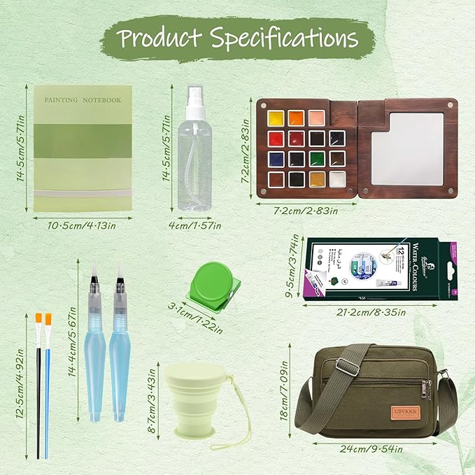 Mini Watercolor Travel Set, 15 Grid Wooden Palette Travel Watercolor Kit with Clip, Foldable Cup, Brushes, Bag, 12 Colors, 2 Sketchbooks & Spray Bottle – Gift for Painters, Art Lovers & Beginners