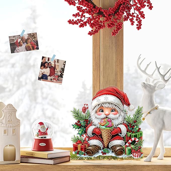 KEYIFA Diamond Painting Desktop Ornament, DIY Santa Claus Diamond Art for Adults Beginner, Christmas Gem Arts Table Decor Special Shaped Rhinestone Crafts Home Desk Decoration Gift, Double Sided