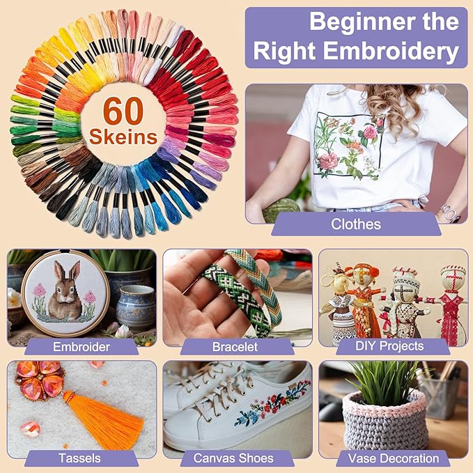 Friendship Bracelet String, 60 Skeins Cross Stitch Thread, 344.5 Inch Cotton Embroidery Floss, Hand Embroidery Thread for DIY Sewing and Embroidery Crafts Making