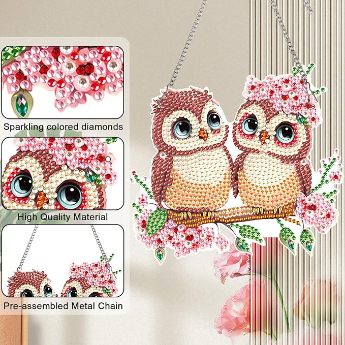 AiYuanzsh Owl Couple Diamond Art Hanging Ornament, 5D DIY Special Shape Diamond Painting Suncatcher Kit for Adults, Handmade Mosaic by Number Pendant Gift for Valentine’s Day