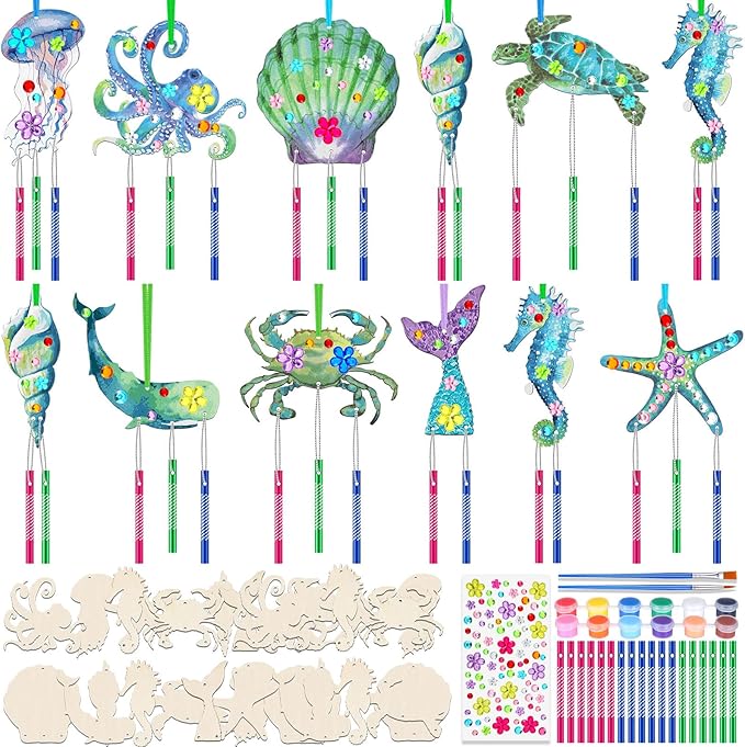 JellyArch 30 Pack Summer Ocean Wind Chime Kit for Adults, Sea Animals Beach Crafts DIY Make Your Own Marine Creature Shell Whale Wind Chime Ornaments for Home Activity Birthday
