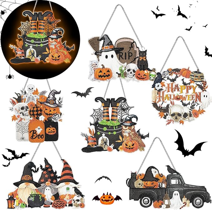 6 Pcs Halloween Diamond Art Painting Kits Hanging Sign Set Witch Pumpkin Gnome Glow in The Dark Diamond Art Painting Kits Halloween Hanger Adult 5d DIY Craft for Wall Door Window Porch Decor