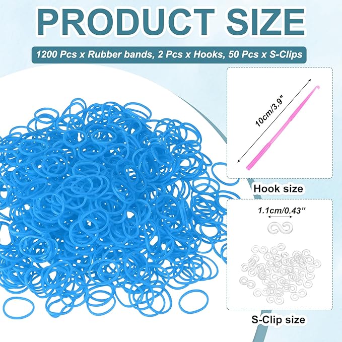 MECCANIXITY 1200 Pcs Loom Rubber Bands Kit with 50 Pcs S-Clips 2-Hooks Rubber Bands Refill Bracelet Making Kits for Weaving DIY Handcrafts Gift, Light Blue