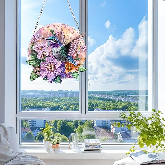 KEYIFA Hummingbird Diamond Painting Kit, DIY Flower Diamond Art for Adults, Diamonds Pendant Special Shaped Rhinestone Window Hanging Ornaments Home Garden Wall Door Decoration, 20cm Width