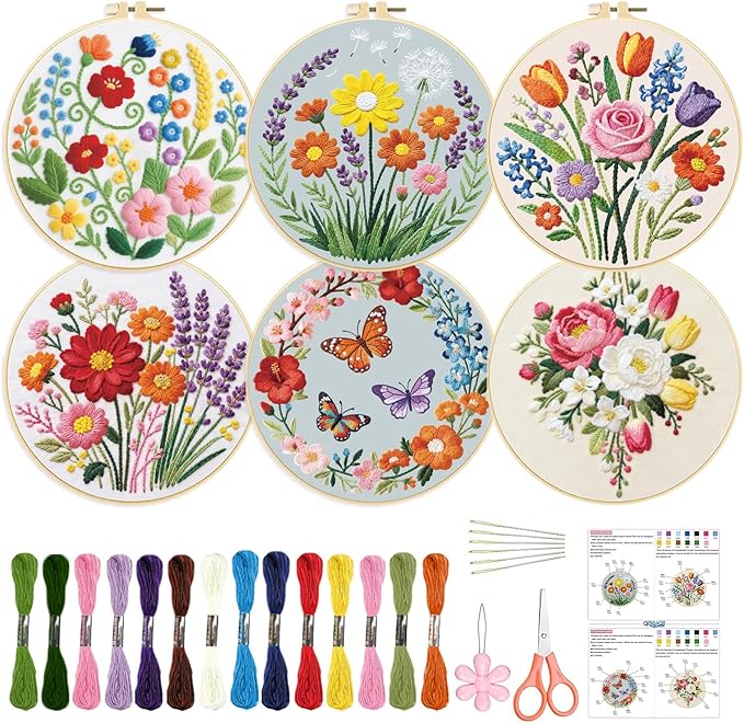ORIGACH 6 Pack Flowers Embroidery Kits for Beginners, DIY Starter Hand Embroidery Kit with Floral Wreath Wildflower & Butterfly Patterns and Instructions for Adults Women Crafting