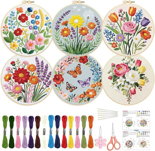 ORIGACH 6 Pack Flowers Embroidery Kits for Beginners, DIY Starter Hand Embroidery Kit with Floral Wreath Wildflower & Butterfly Patterns and Instructions for Adults Women Crafting
