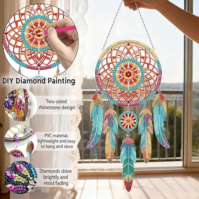Diamond Dream Catchers Kit, Hanging Diamond Art, DIY Kit for Home Wall & Window Decor, Handmade Craft for Room Decoration (Forest)