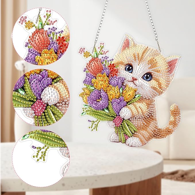 QENSPE Cute Cat Diamond Art Hanging Kits for Adults, 5D Special Shape Diamond Paingting Ornaments Kits with Chain, DIY Flowers Crystal Window Pendants for Home Garden Wall Decor Double Sided 8X8 inch