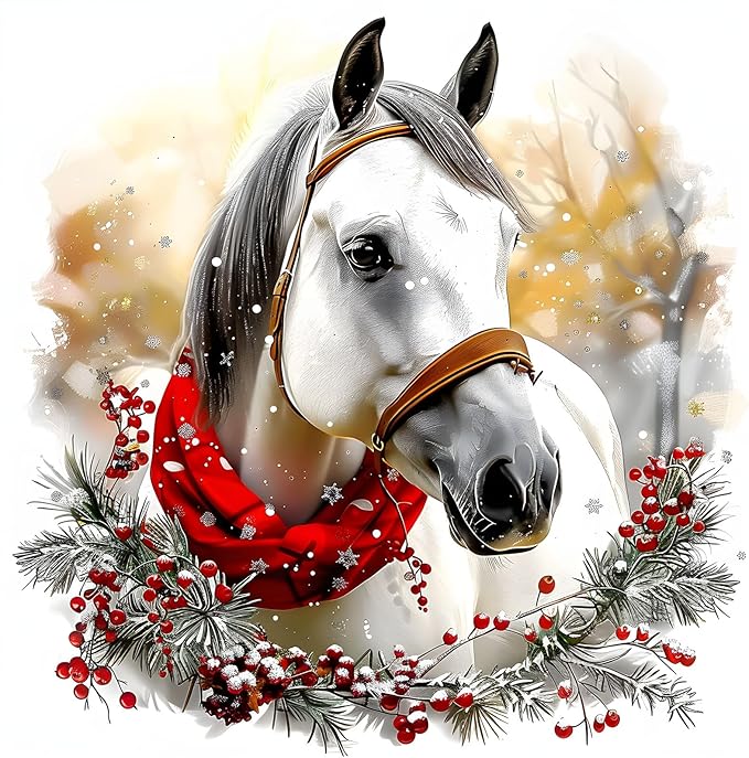 EMIEAUFG Christmas Diamond Art Kits for Adults, Horse Diamond Paiting Kit for Beginners, 5D DIY Round Full Drill Craft Diamond Dot Gem Art, Home Wall Decor 14" x 14"