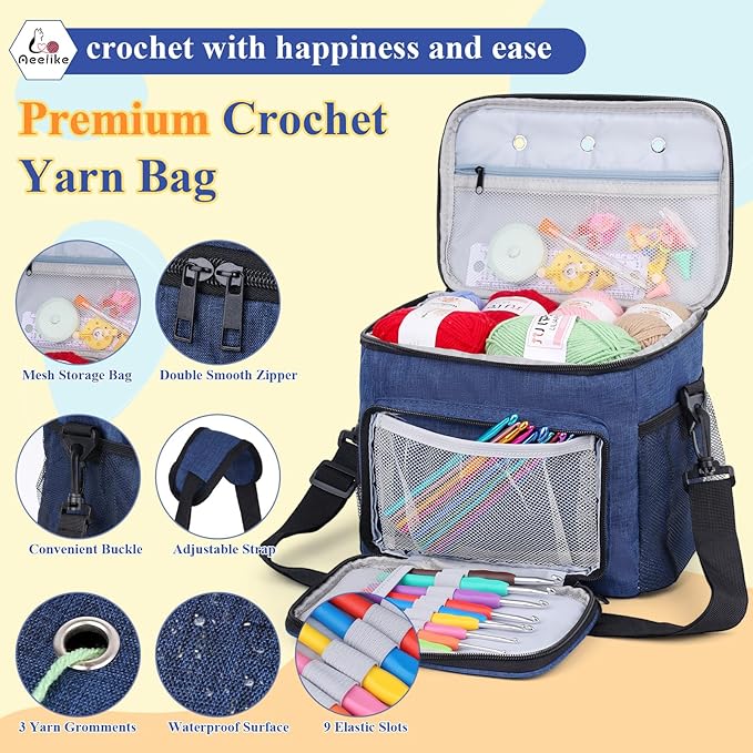 aeelike complete beginner kit 87pcs, crochet kit for beginners adults, navy portable yarn bag, 23 crochet hooks,yarn 20 colors skeins, instruction & crocheting accessories