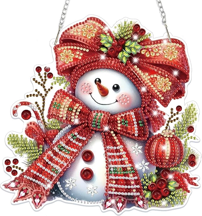Bowetile Christmas Diamond Art Hanging Kits for Adults, Diamond Art Suncatchers Snowman, 5D Special Shape Diamond Painting Pendant Window Ornament Christmas Gifts for Home Door Wall Decor