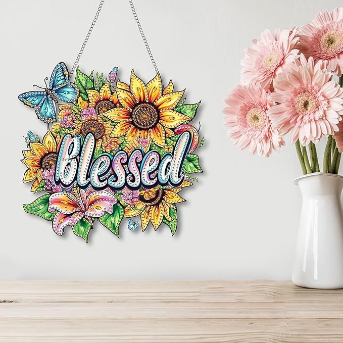 Kaliosy Sun Catcher Blessed Window Hanging - Outdoor Porch Decor, Flowers-Themed Diamond Art Ornament, Acrylic Board Diamond Painting for Wall Home Garden, Front Door Sign, Indoor Decor 8x8 inch