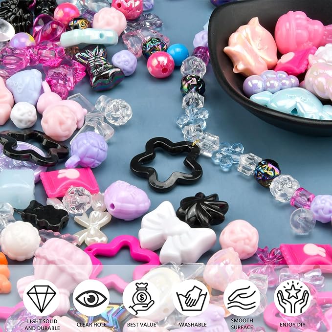 ABONDEVER 245-300Pcs Assorted Acrylic Beads for Bracelets Making Cute Star Bow Flower Candy Heart Gummy Bear Butterfly Aesthetic Beads for DIY Jewelry Crafts Keychain Necklace Phone Charms(5 Colors-B)