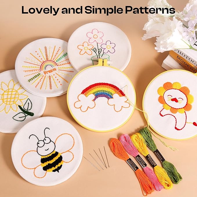 Pllieay 6PCS Embroidery Kit for Beginners, Needlepoint Kits for Beginners with Patterns, 6.5" Embroidery Hoop, Threads, Needles, Instructions, Kids Cross Stitch Kits Supplies for Girls Boys Ages 6+