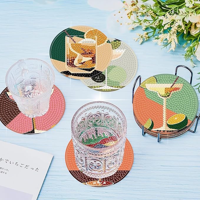 igoodom Diamond Art Coasters Kit, 6 PCS Cocktail Diamond Painting Coasters Kit for Adults with Holder, DIY Mosaic Crafts for Adults 3.9inch